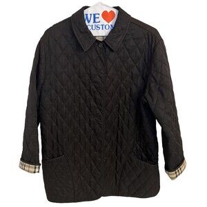 VINTAGE BURBERRY BRIT BLACK QUILTED JACKET Women L Large Nova Check Coat CLEANED
